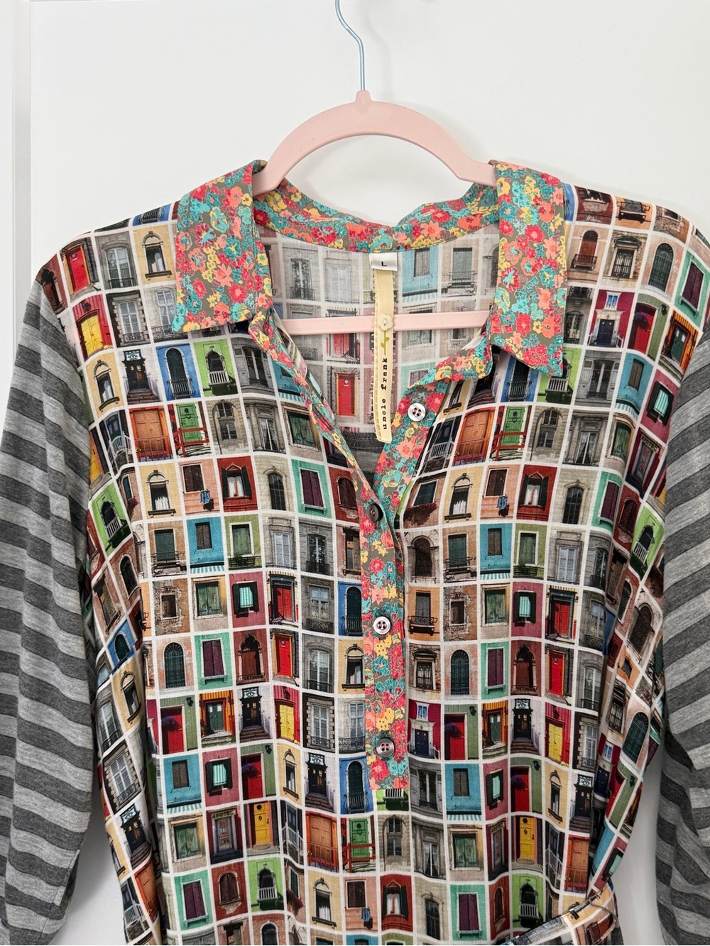 Uncle Frank Ivy Jane Mixed Media Dress Novelty Doors Print Striped Floral Size L - Picture 6 of 11